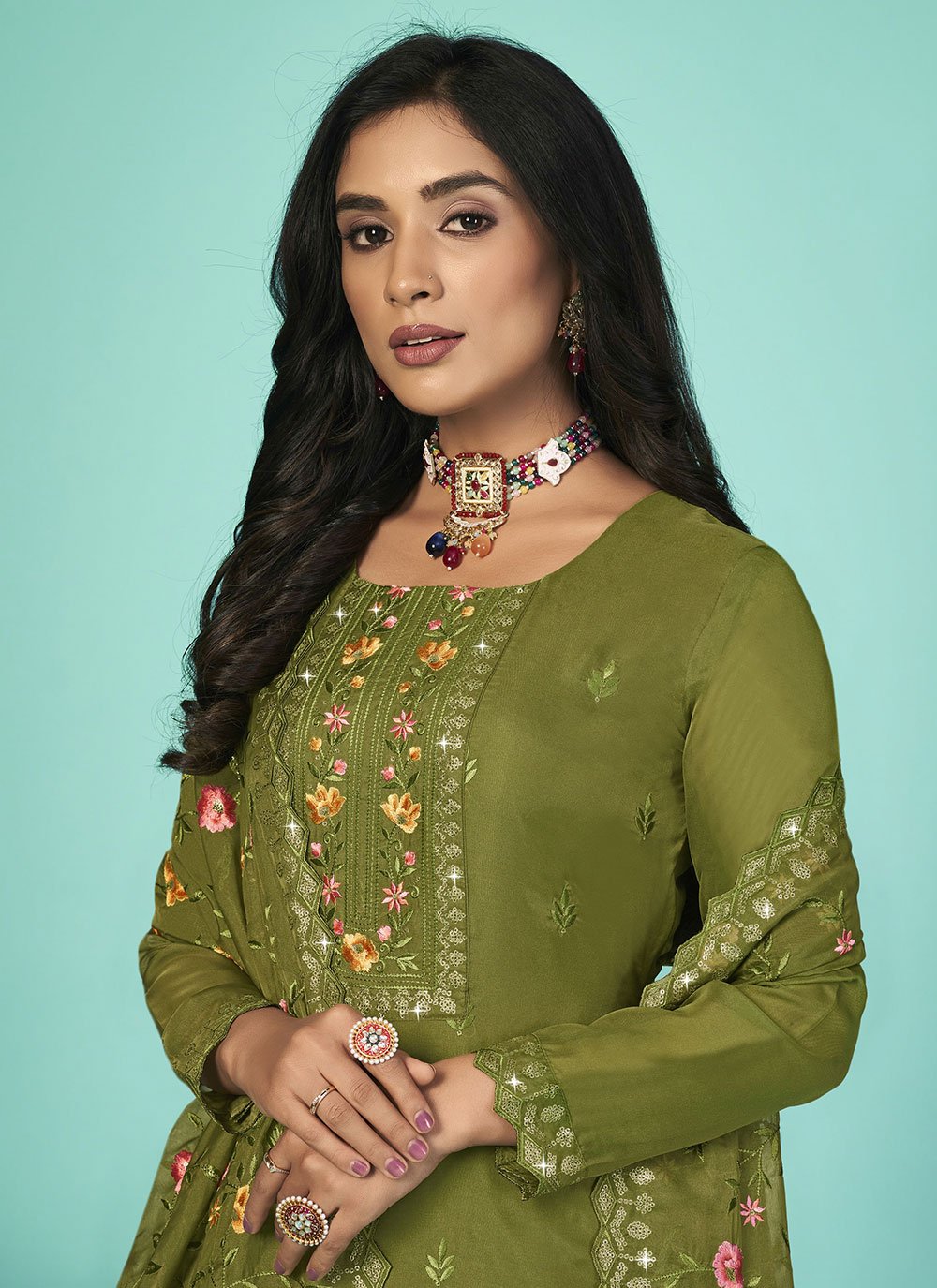 Straight Salwar Suit Organza Sea Green Diamond Salwar Kameez