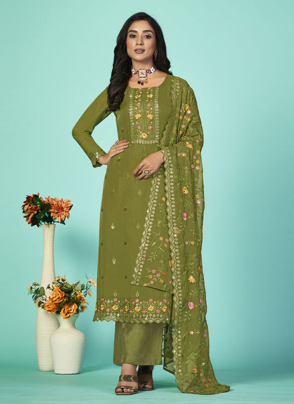 Straight Salwar Suit Organza Sea Green Diamond Salwar Kameez