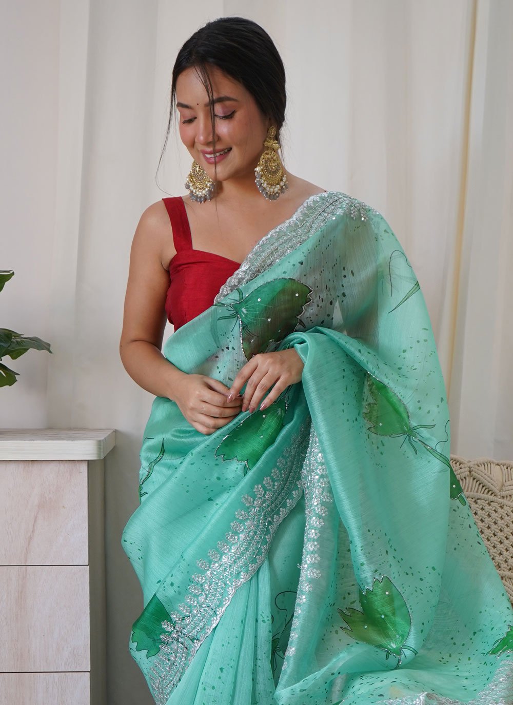 Trendy Saree Organza Sea Green Cut Work Saree