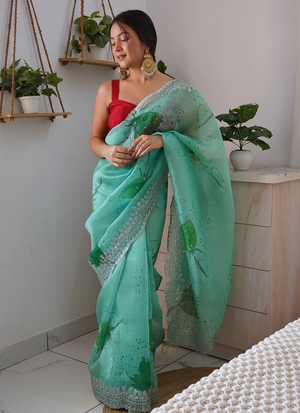 Trendy Saree Organza Sea Green Cut Work Saree