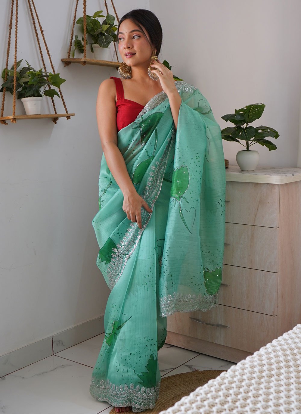 Trendy Saree Organza Sea Green Cut Work Saree