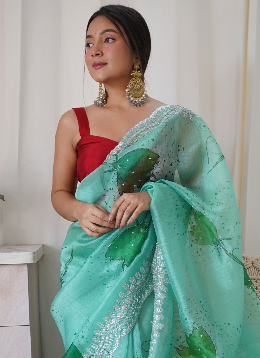 Trendy Saree Organza Sea Green Cut Work Saree