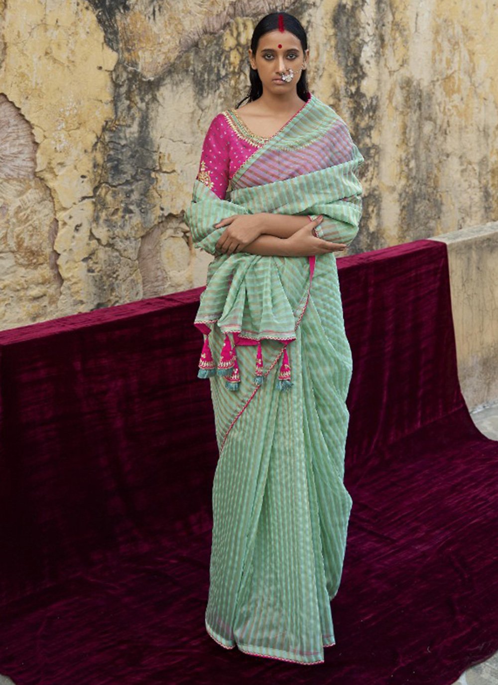 Classic Organza Sea Green Plain Saree