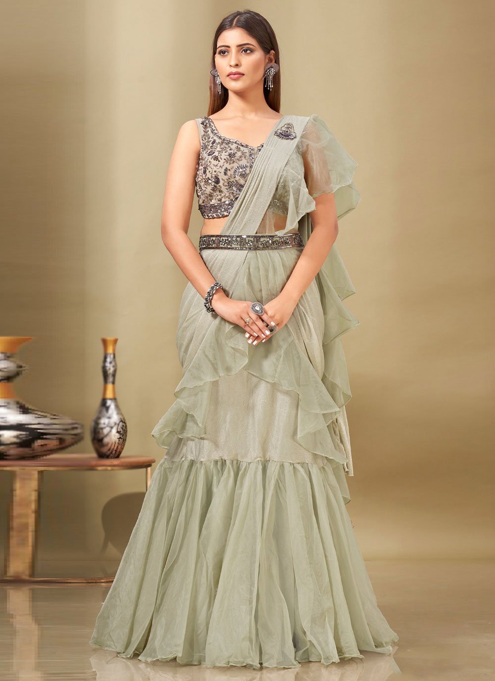 Lehenga Style Saree Imported Organza Sea Green Ruffle Saree