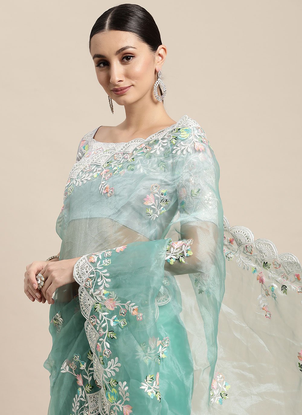 Classic Organza Silk Sea Green Booti Saree