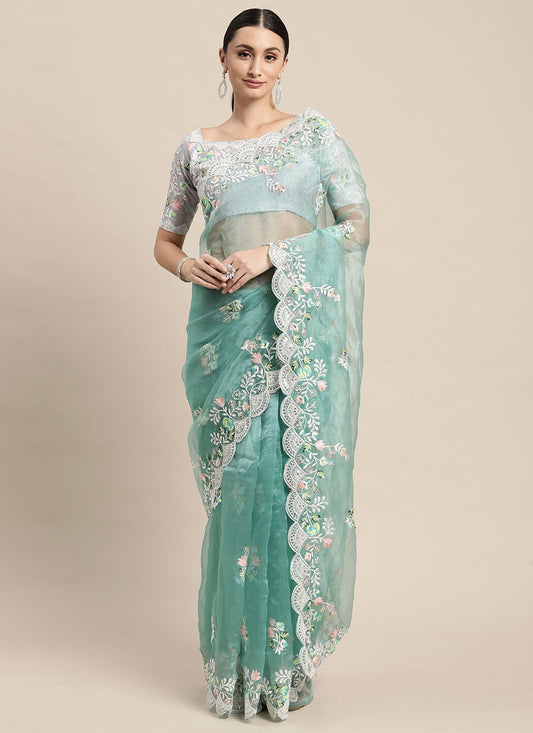 Classic Organza Silk Sea Green Booti Saree