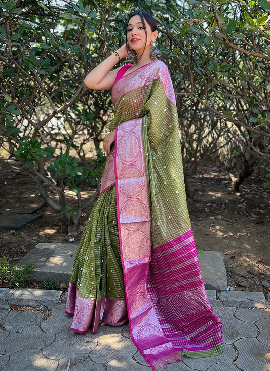 Trendy Saree Organza Sea Green Jacquard Work Saree