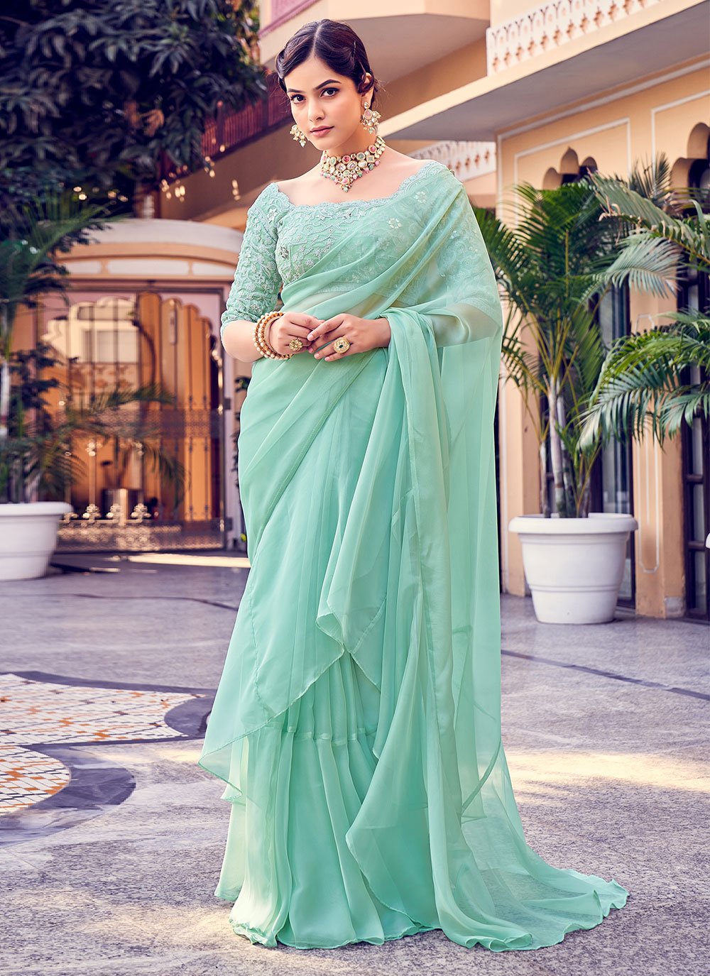 Designer Organza Sea Green Dori Work Saree