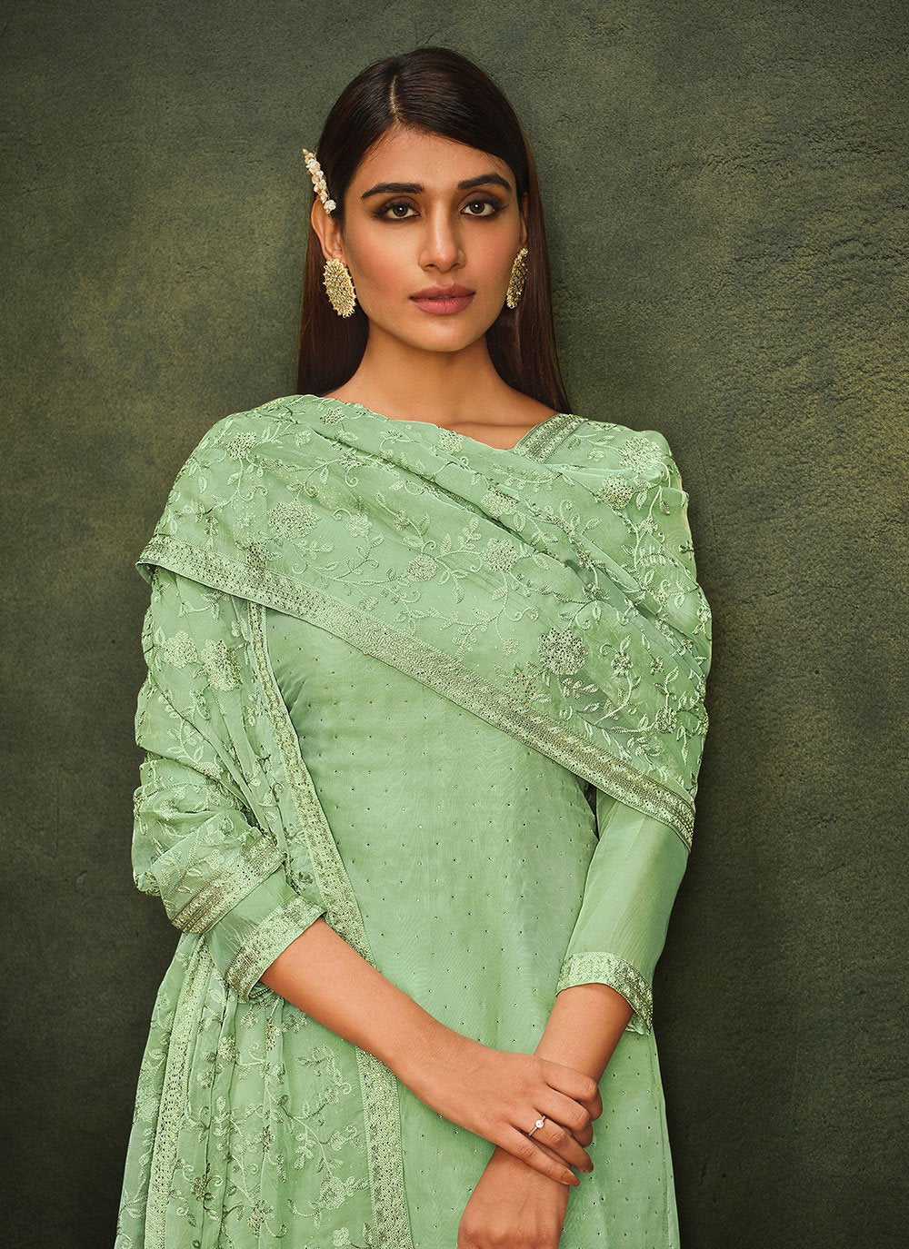 Pant Style Suit Organza Sea Green Embroidered Salwar Kameez