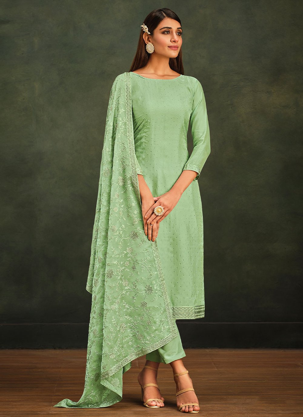 Pant Style Suit Organza Sea Green Embroidered Salwar Kameez