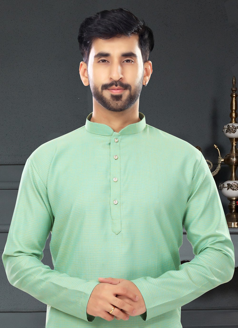 Kurta Pyjama Cotton Jacquard Sea Green Fancy Work Mens