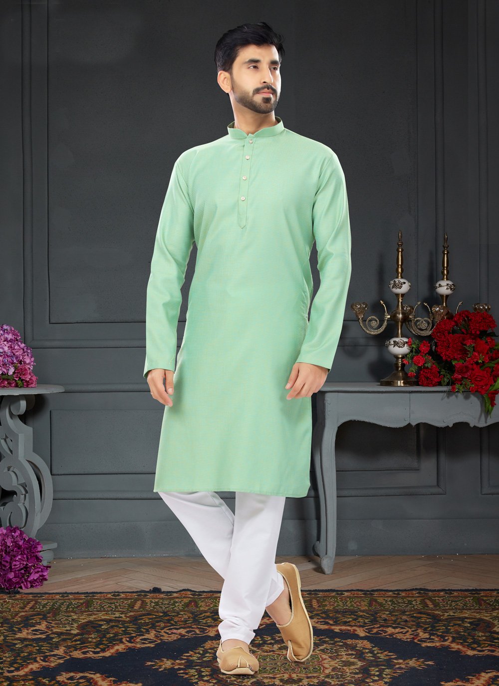 Kurta Pyjama Cotton Jacquard Sea Green Fancy Work Mens