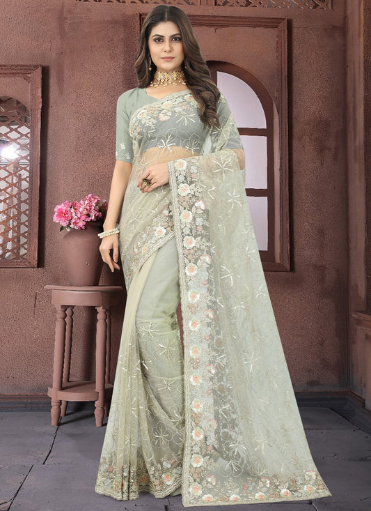 Trendy Saree Net Sea Green Embroidered Saree