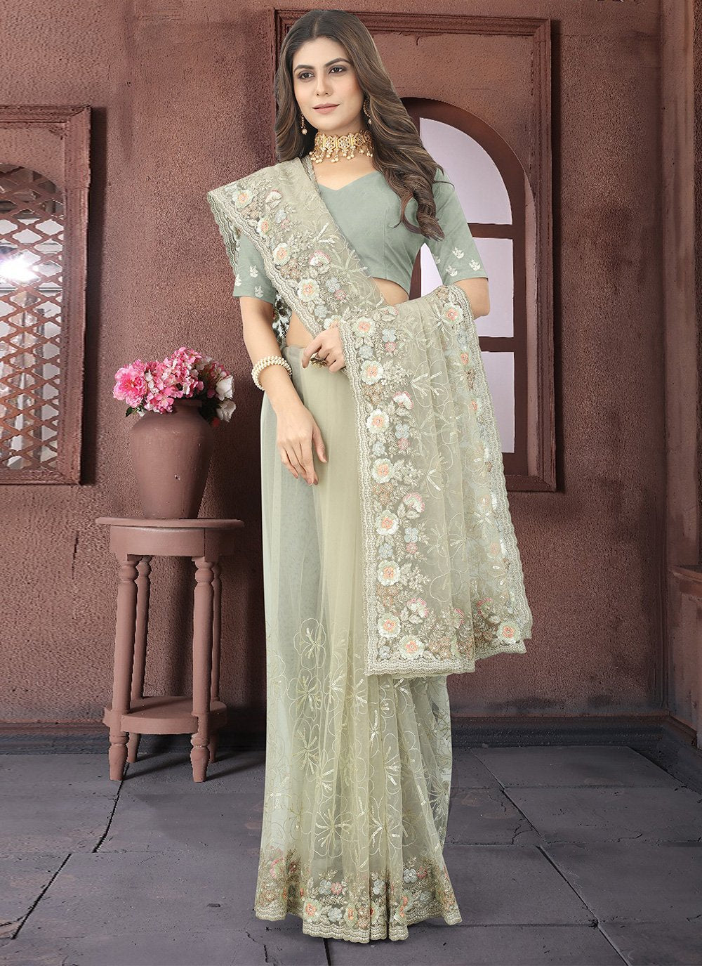 Trendy Saree Net Sea Green Embroidered Saree