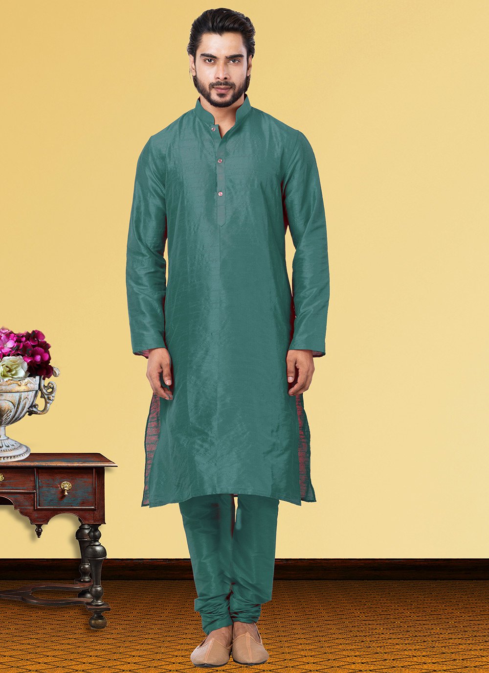 Kurta Pyjama Dupion Silk Sea Green Plain Mens