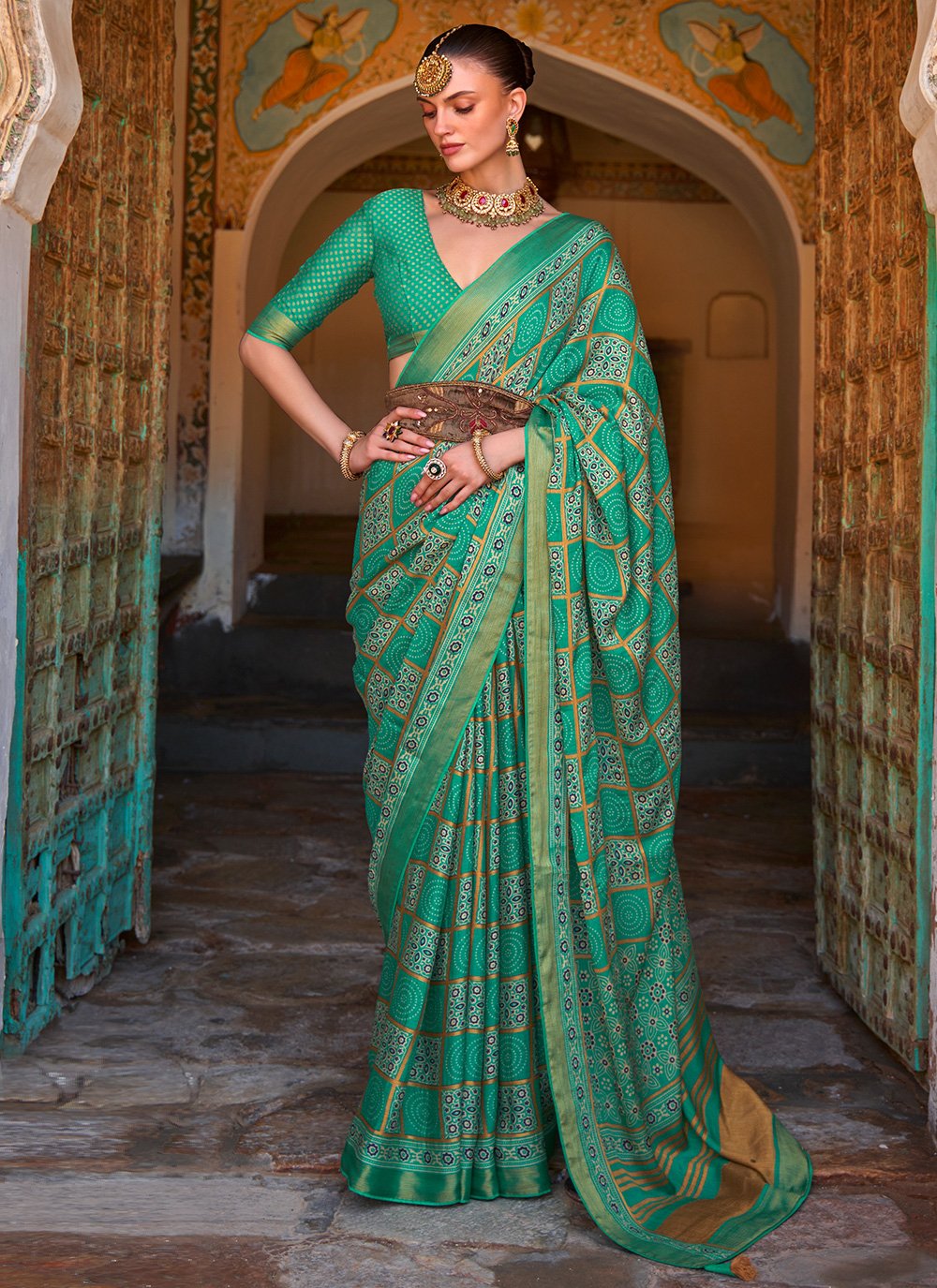 Trendy Saree Brasso Sea Green Print Saree