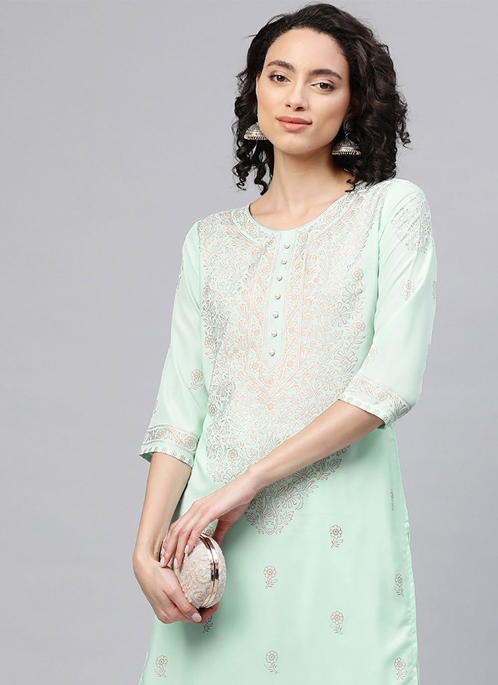 Designer Kurti Crepe Silk Sea Green Print Kurtis