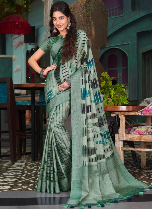 Contemporary Silk Sea Green Print Saree