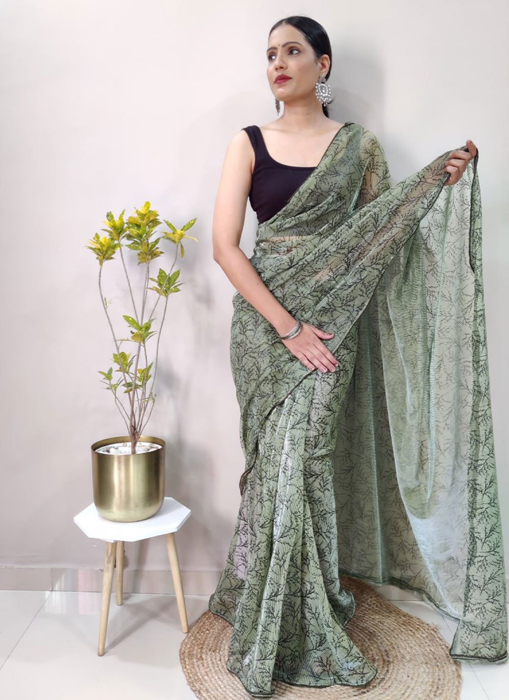 Classic Net Sea Green Print Saree