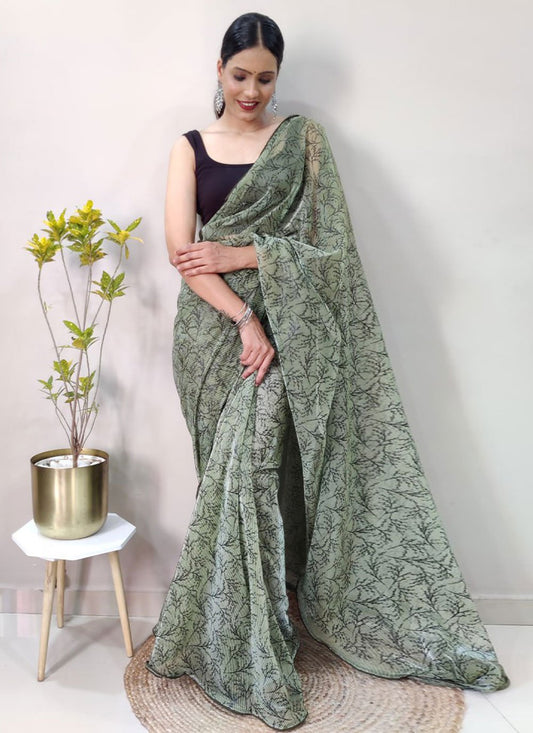 Classic Net Sea Green Print Saree