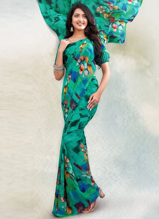 Contemporary Georgette Sea Green Print Saree