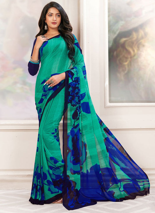 Contemporary Georgette Sea Green Print Saree