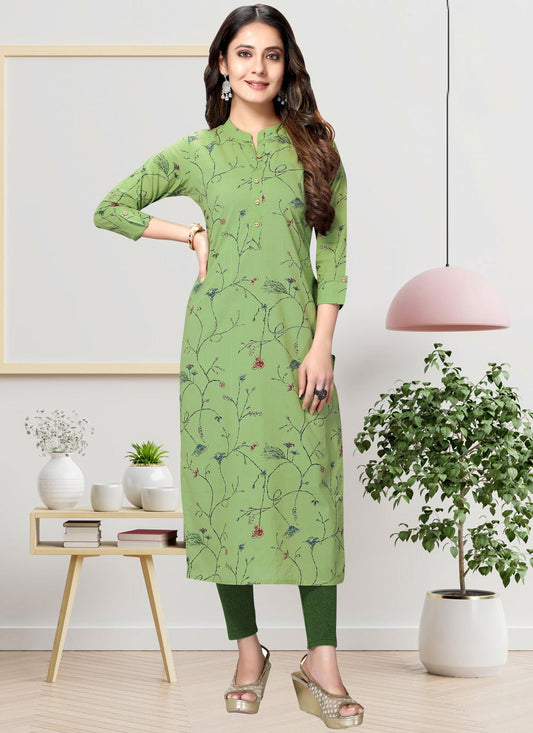 Party Wear Kurti Cotton Sea Green Print Kurtis