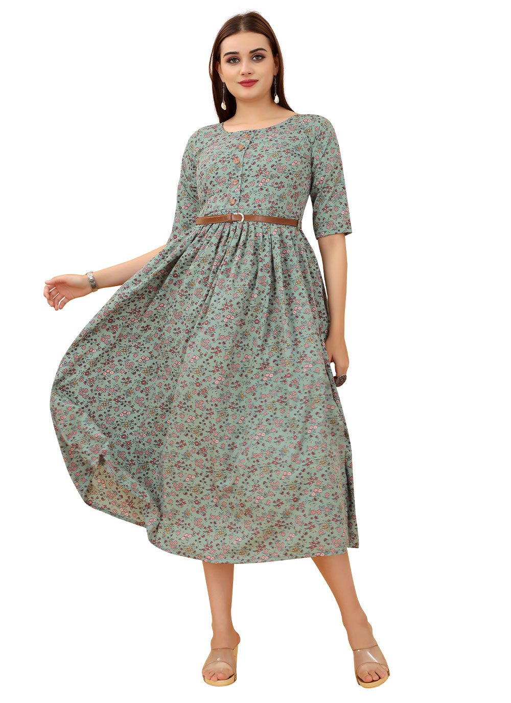 Gown Faux Crepe Sea Green Print Gown