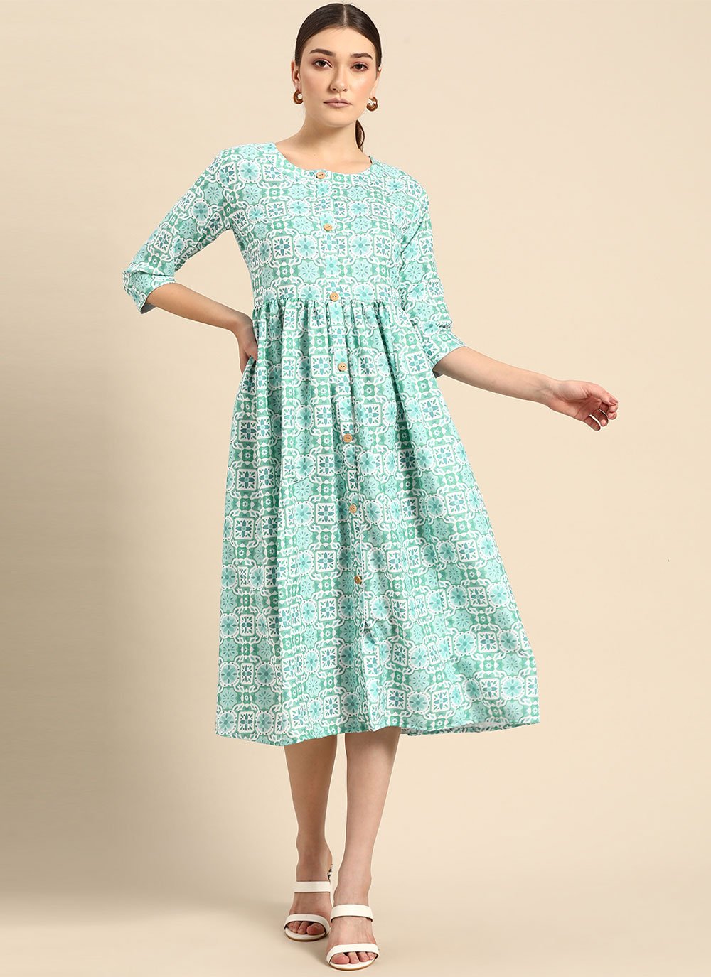 Casual Kurti Poly Rayon Sea Green Print Kurtis