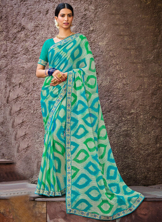 Classic Brasso Chiffon Sea Green Patch Border Saree