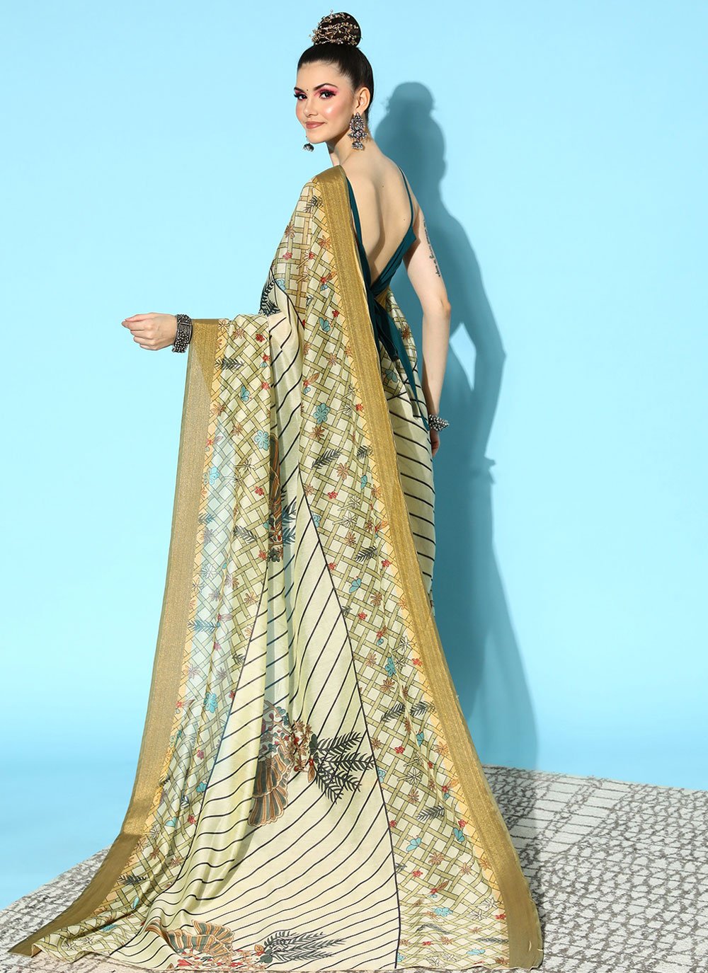 Contemporary Polyester Sea Green Print Saree