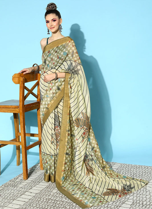 Contemporary Polyester Sea Green Print Saree