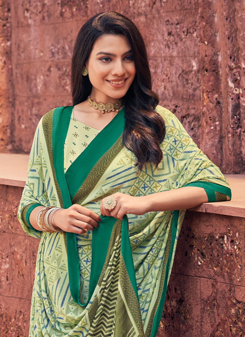 Classic Faux Crepe Sea Green Print Saree