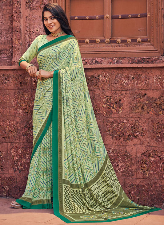 Classic Faux Crepe Sea Green Print Saree