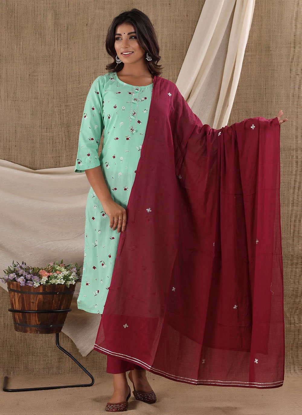 Salwar Suit Cotton Sea Green Print Salwar Kameez