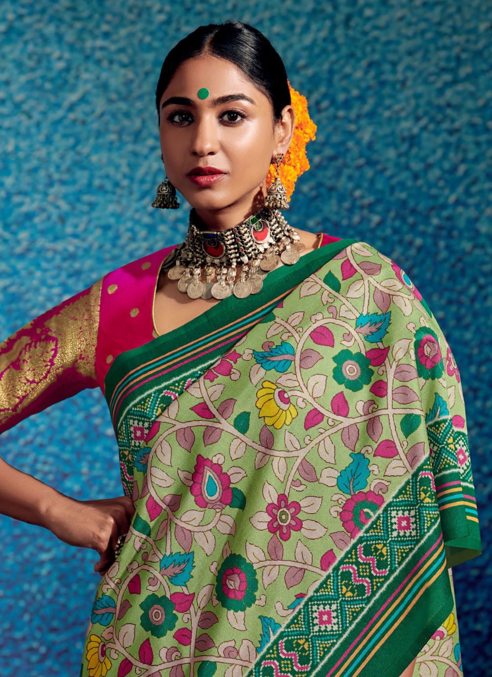 Contemporary Pure Dola Sea Green Print Saree