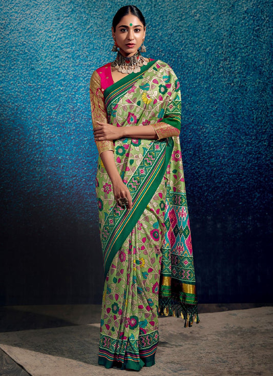 Contemporary Pure Dola Sea Green Print Saree