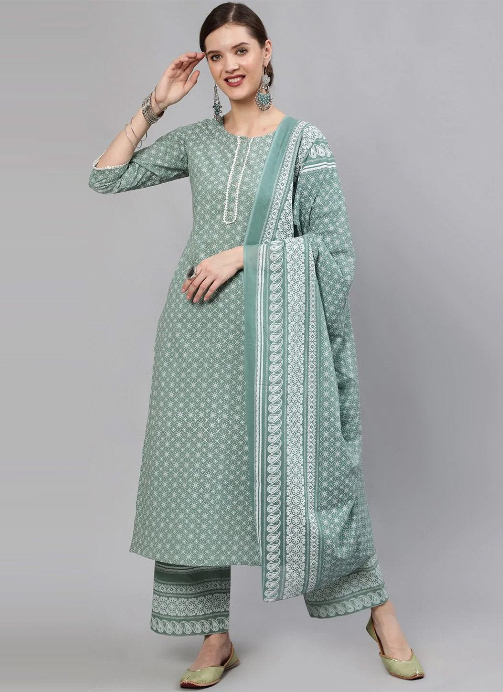 Salwar Suit Cotton Sea Green Print Salwar Kameez