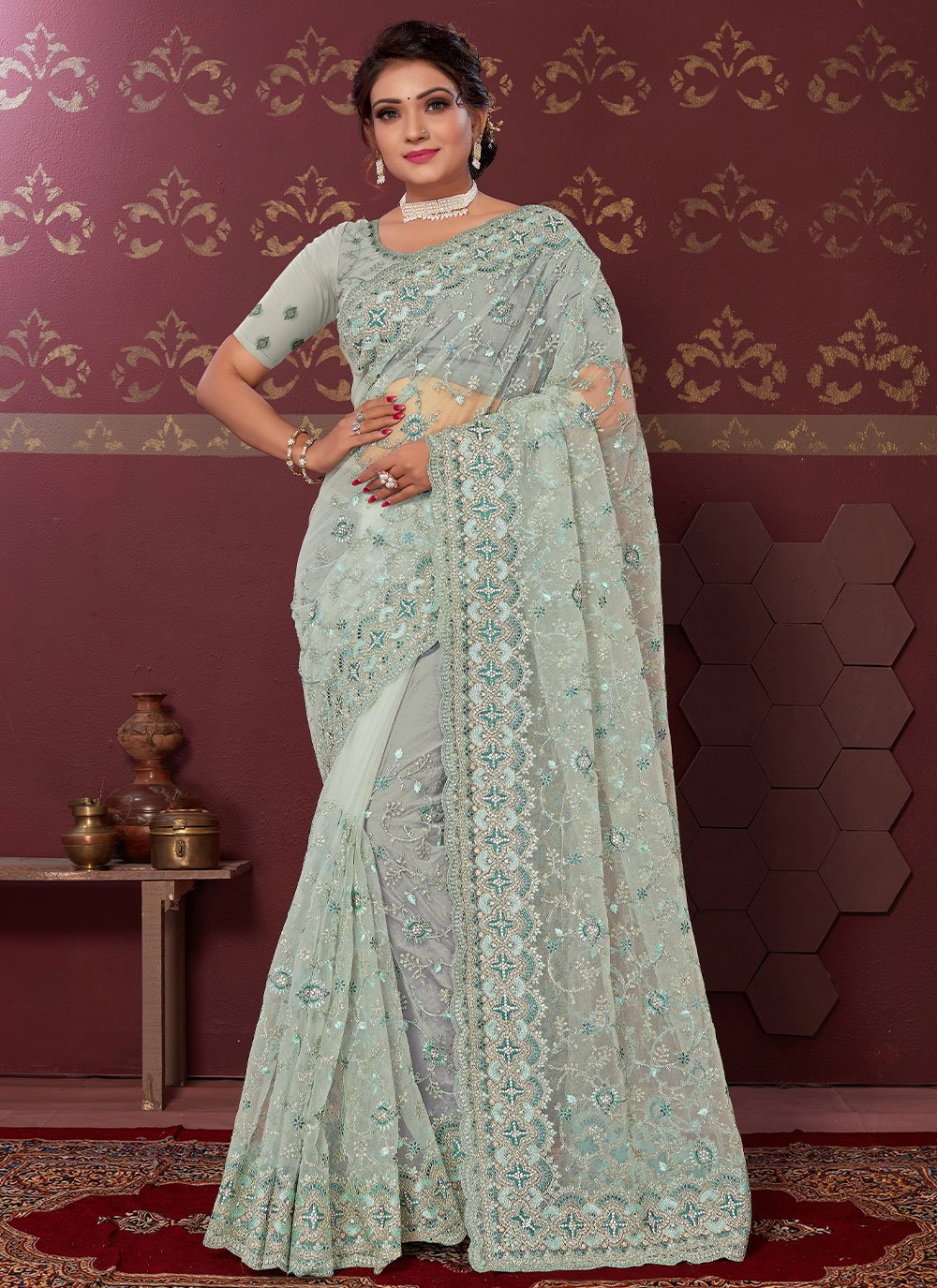 Classic Net Sea Green Embroidered Saree