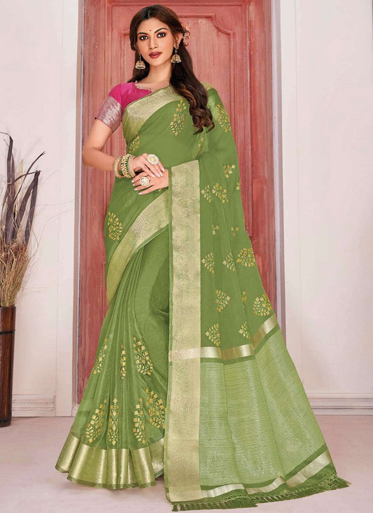 Contemporary Cotton Silk Sea Green Woven Saree