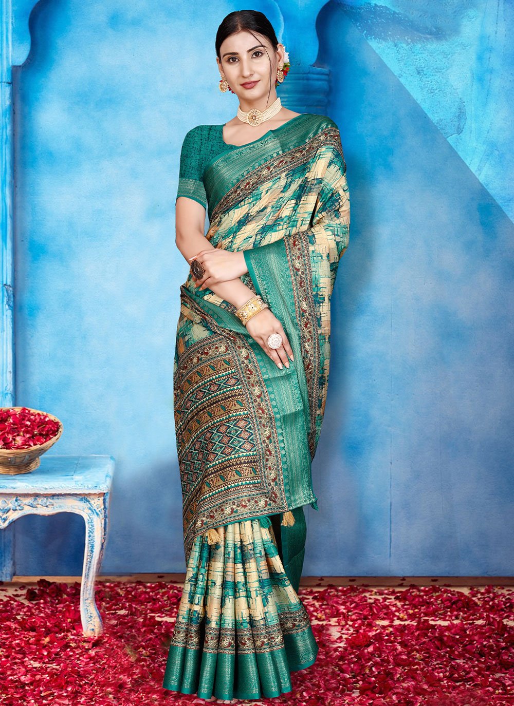 Contemporary Tussar Silk Sea Green Patch Border Saree