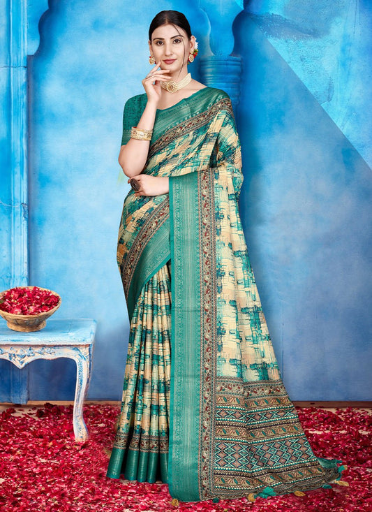 Contemporary Tussar Silk Sea Green Patch Border Saree