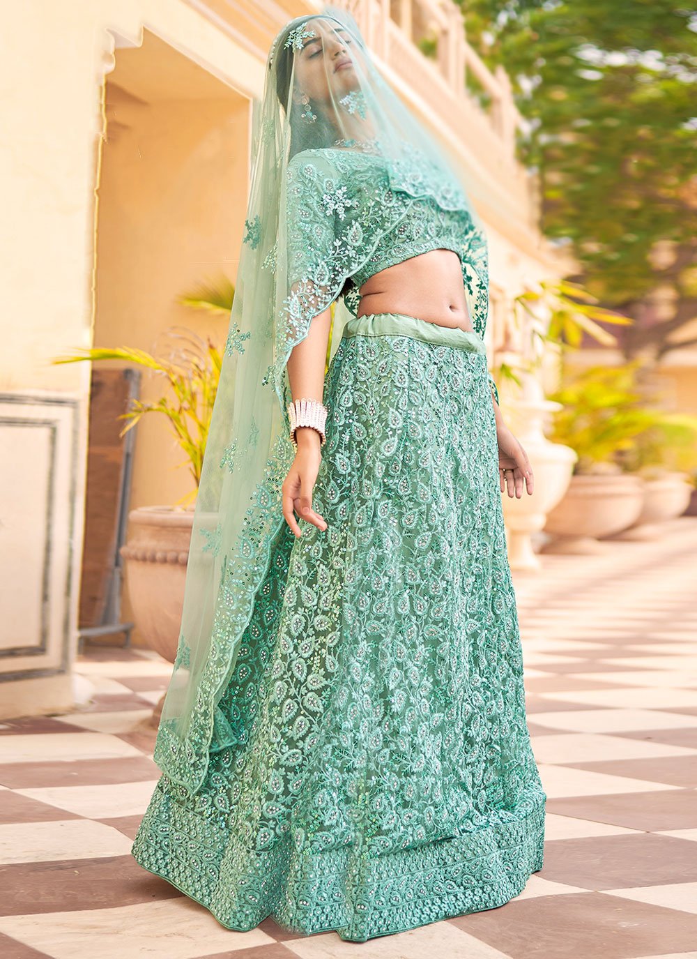 Lehenga Choli Net Sea Green Embroidered Lehenga Choli