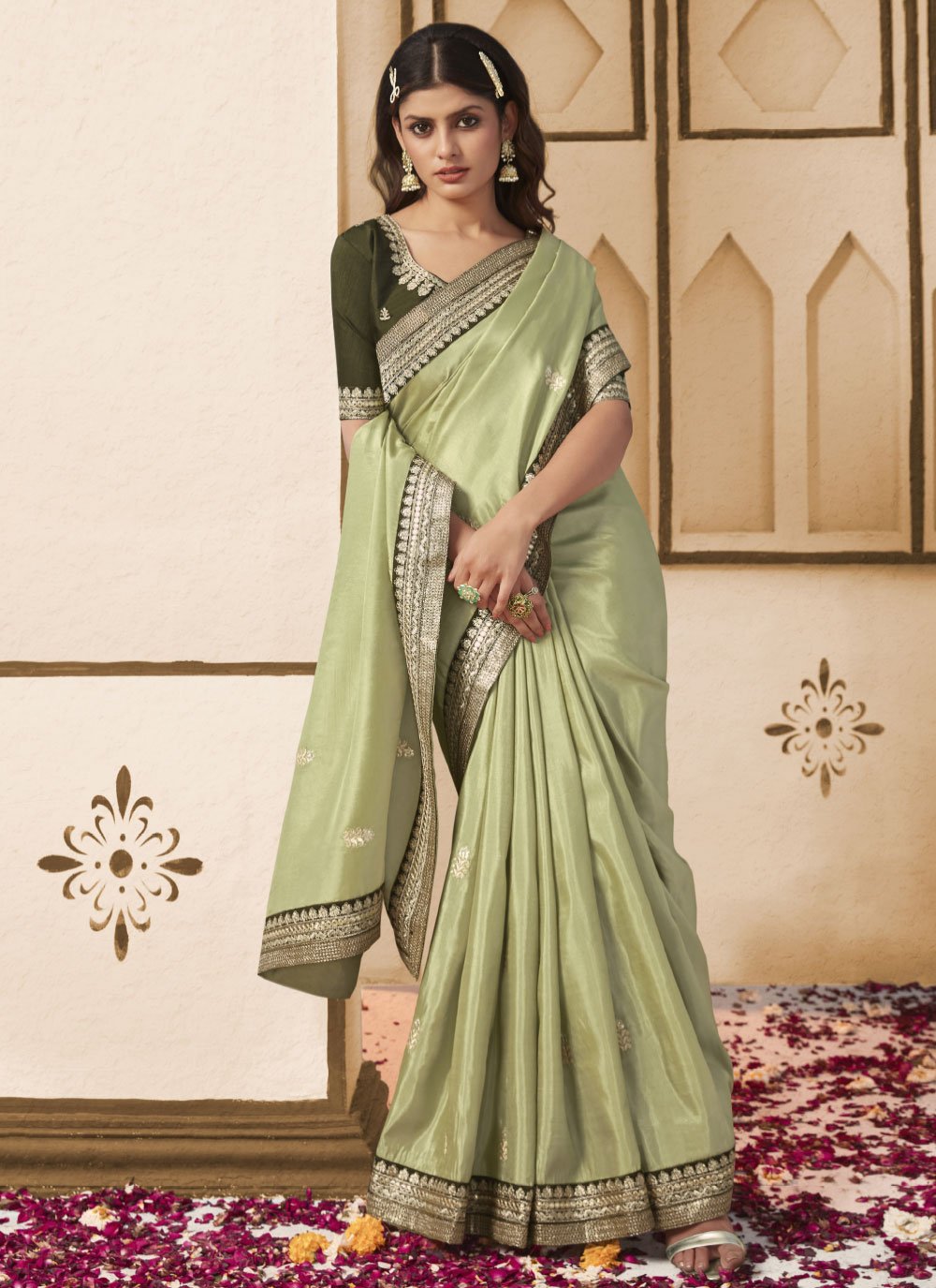 Classic Georgette Sea Green Patch Border Saree