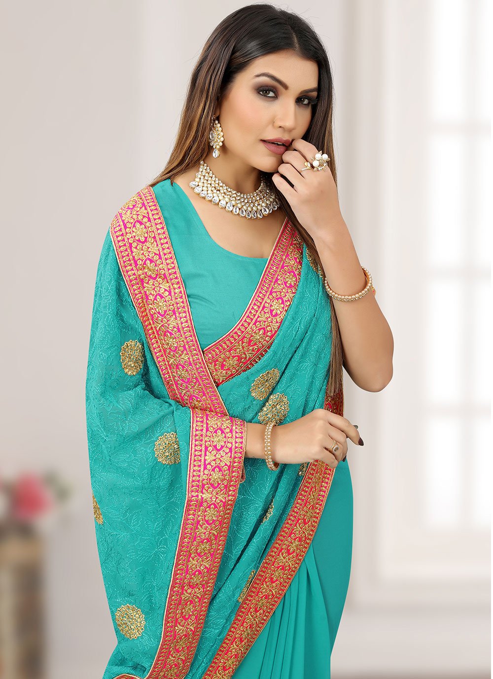 Trendy Saree Georgette Sea Green Embroidered Saree