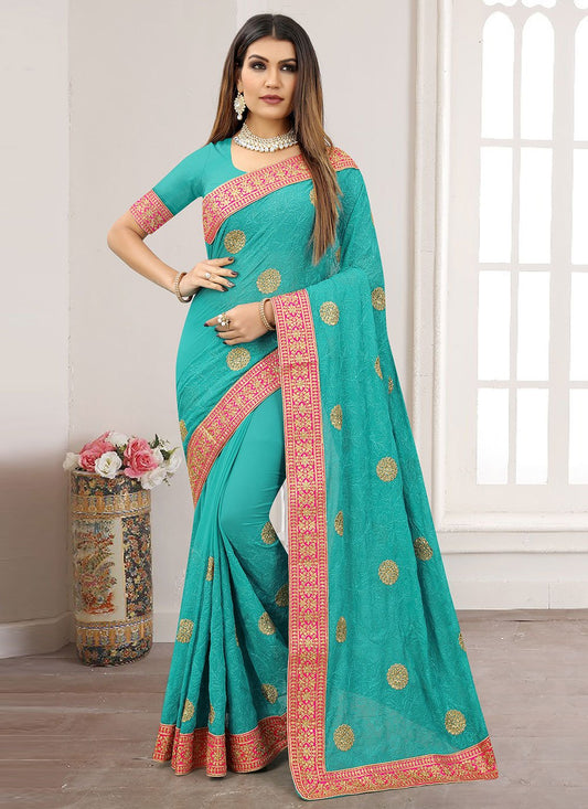 Trendy Saree Georgette Sea Green Embroidered Saree