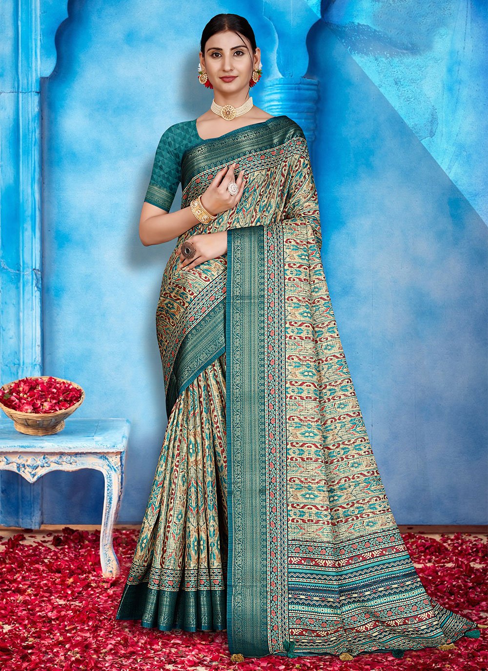 Classic Tussar Silk Sea Green Patch Border Saree