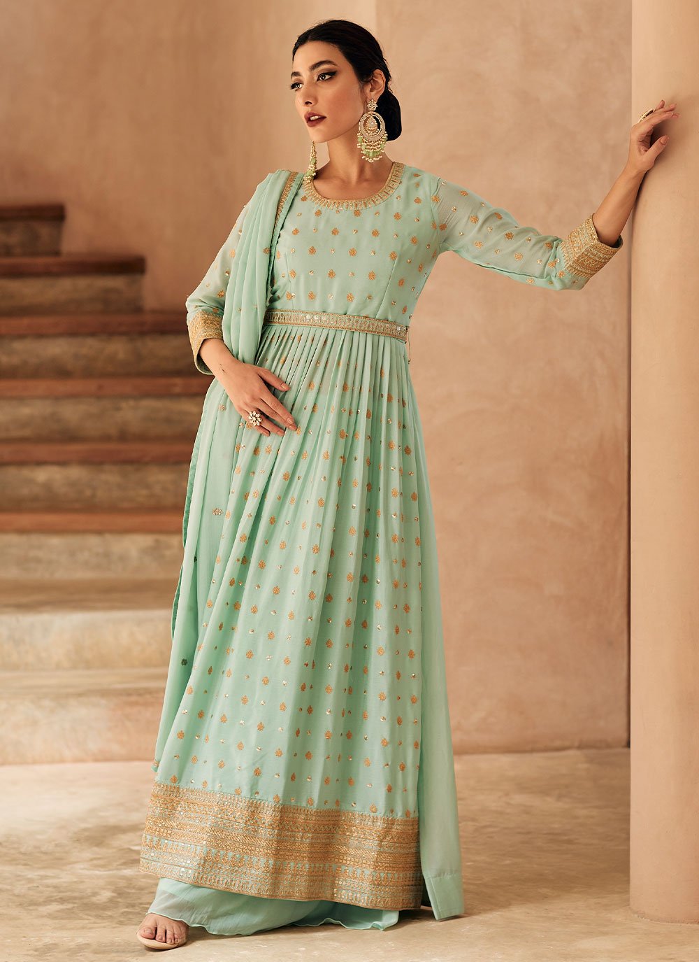 Salwar Suit Chinon Georgette Sea Green Embroidered Salwar Kameez