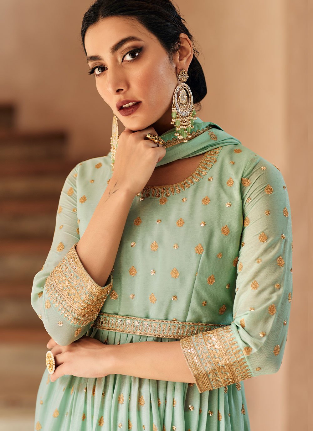 Salwar Suit Chinon Georgette Sea Green Embroidered Salwar Kameez