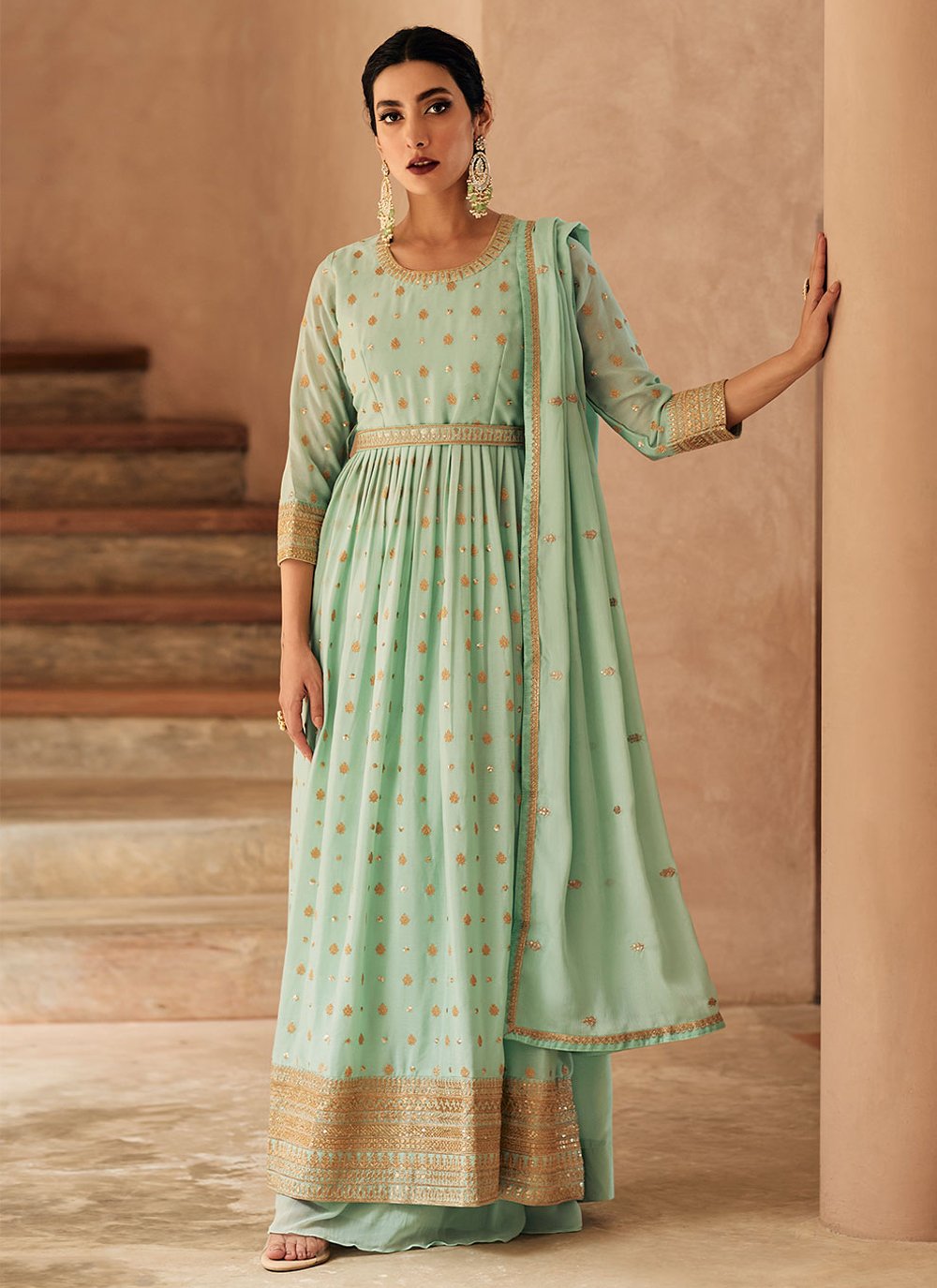 Salwar Suit Chinon Georgette Sea Green Embroidered Salwar Kameez